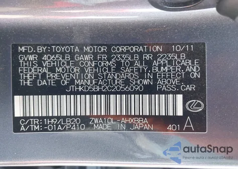 2012 Lexus Ct 200H z USA, uszkodzony, nr VIN JTHKD5BH2C2056090